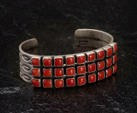 Handmade 3 row Mediterranean coral bracelet, Ramah Navajo by Albert Jake