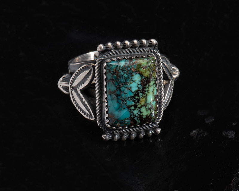 Square spiderweb turquoise ring by Henry Morgan