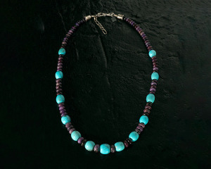 Jeff Lewis Single Strand Graduated Sugilite and Natural Turquoise Necklace