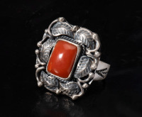 Red Coral and Sterling Silver Leaf Motif Ring