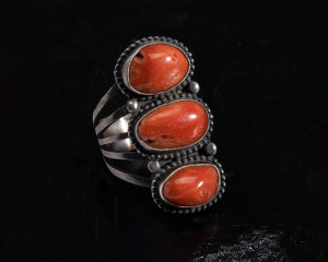 Stacked Three Stone Baroque Red Coral Ring