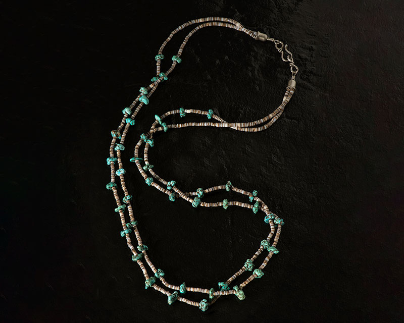 Two Strand Necklace with Natural Spiderweb Turquoise Nuggets on Traditional Olive Shell Hieshe