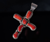 Oxblood coral cross pendant by Albert Jake with Baroque Free Form Coral Cabochons Set in Sterling Silver.
