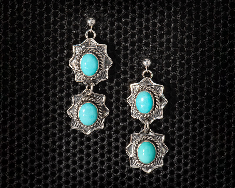 Sleeping beauty Turquoise Two Stone Dangle Earrings with Stamp Work