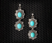 Sleeping beauty Turquoise Two Stone Dangle Earrings with Stamp Work