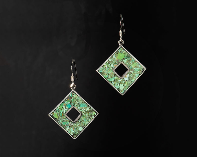 Dangle earrings wigh Northern lights turquoise chip inlay in open square on sterling silver
