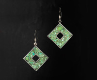 Dangle earrings wigh Northern lights turquoise chip inlay in open square on sterling silver