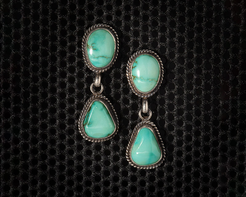 Post and dangle style earrings with Easter blue mine turquoise set in sterling silver, by Verdy Jake