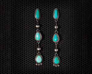 Natural Turquoise Three Stone Post and Dangle Earrings