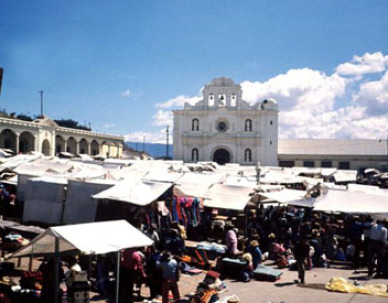 View of the San Francisco EL Alto market placewith market tents in the foreground on a sunny day